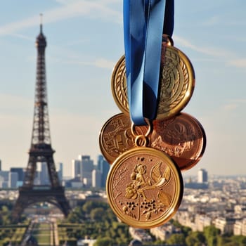 Medals hang in the foreground with the Eiffel Tower and Paris skyline, capturing the glory of sporting achievements