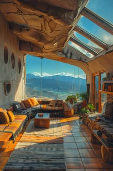 A cozy living room filled with furniture and a window showcasing a stunning view of the mountains. The room is adorned with plants and wooden decor, creating a serene natural landscape indoors