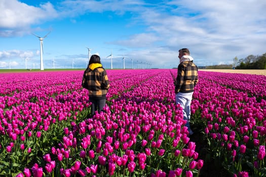 Two people stand amidst a vibrant field of purple tulips in the Dutch countryside, surrounded by towering windmill turbines on a breezy Spring day. Asian women and caucasian men