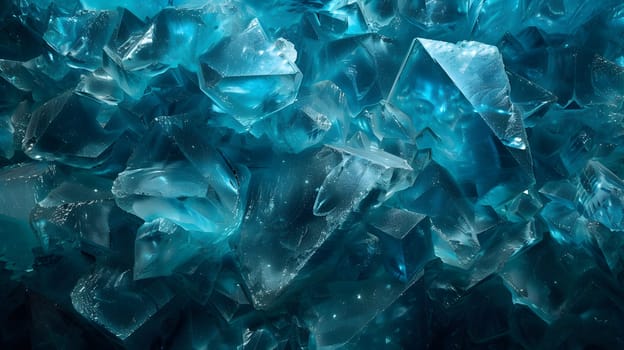 A closeup of a stack of electric blue ice cubes on a sleek black surface, resembling a patterned fashion accessory or transparent material jewelry. The frozen water appears rocksolid