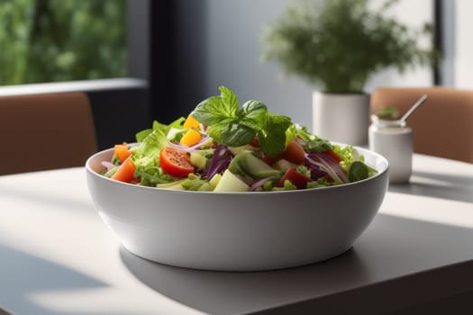 Vibrant vegetarian salad displayed in a deep bowl on a café table, with a white backdrop offering.