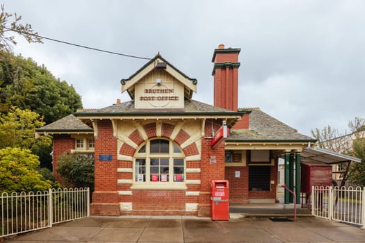 BRUTHEN, AUSTRALIA - APRIL 06 2024: The quaint township of Bruthen and post office on a cloudy wet day in Gippsland, Victoria, Australia