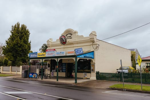 BRUTHEN, AUSTRALIA - APRIL 06 2024: The quaint township of Bruthen and general store on a cloudy wet day in Gippsland, Victoria, Australia