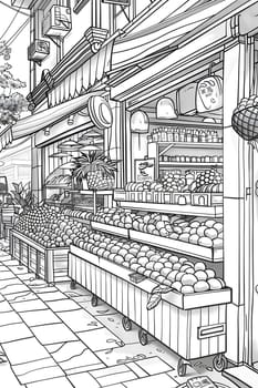 An urban design illustration of a grocery store facade in black and white, filled with fruits and vegetables. The buildings lines are parallel, showcasing mass production engineering