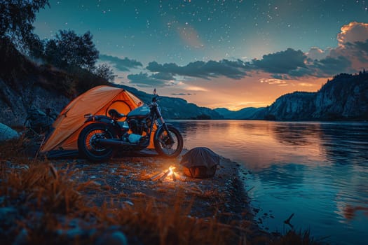 A motorcycle is parked next to a tent by a lake. The scene is peaceful and serene, with the motorcycle and tent blending in with the natural surroundings. The motorcycle is a black