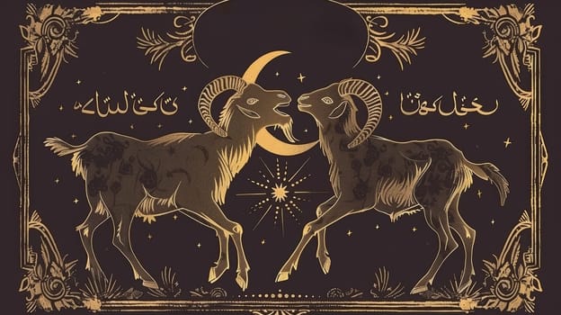 A vintage-style Eid al-Adha greeting card featuring two rams under a crescent moon with Arabic calligraphy and ornate decorations