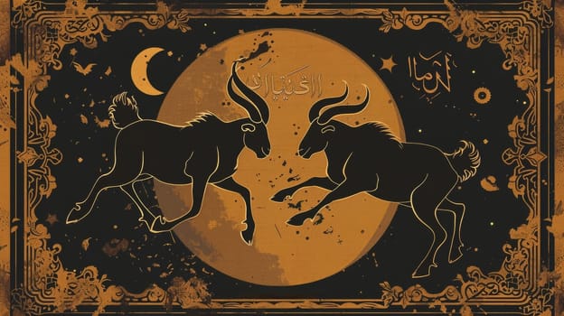 An artistic Eid al-Adha card showcasing silhouetted goats against a full moon with intricate Arabic motifs and calligraphy