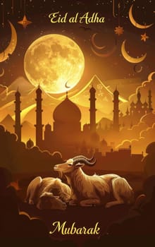 A festive Eid al Adha illustration showcasing a full moon over a mosque landscape with reclining goats, set in a dreamy, starry night