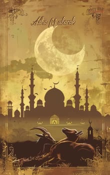 A rustic Eid al Adha Mubarak card with a vintage crescent moon, mosque skyline, and goats in a serene, old-world style