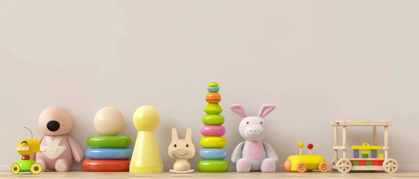A minimalist nursery setup with soft-toned toys, including a pastel stacking tower and plush rabbit, creating a calm and soothing play area