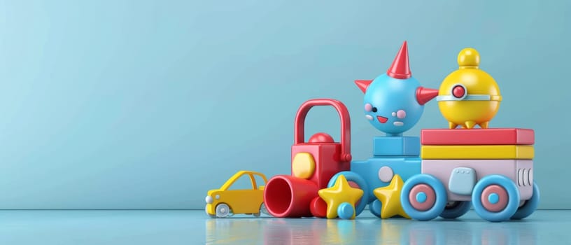 An engaging setup of bright and educational toys displayed on a light blue surface, promoting fun and learning in early childhood