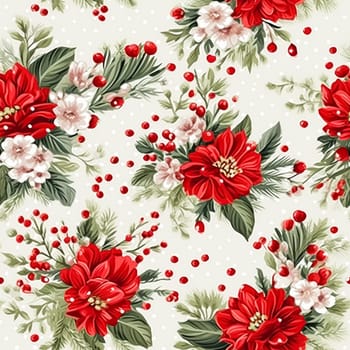 Seamless pattern, tileable Christmas holiday floral country dots print, English countryside flowers for wallpaper, wrapping paper, scrapbook, fabric and product design motif