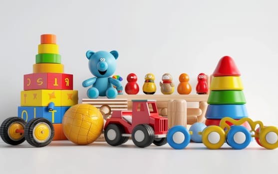 A selection of bright and educational toys arranged neatly against a white backdrop, showcasing textures and fun shapes for learning