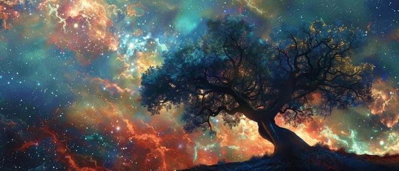 An awe-inspiring celestial nightscape showcases a majestic tree amidst a riot of interstellar colors and cosmic light