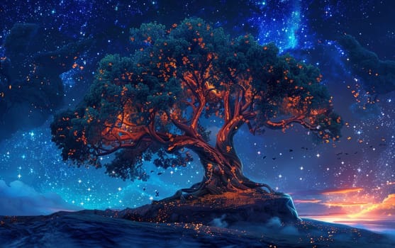 A magnificent tree bathed in twilight hues stands atop a cosmic cliff, its branches reaching into a mesmerizing star-filled sky