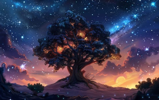 As night descends, this celestial tree radiates against the cosmic tapestry of the sky, capturing the splendor of the universe