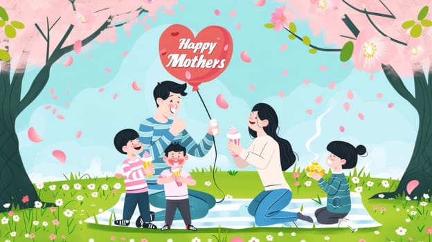 An illustrated family enjoys a festive Mothers Day in the park, complete with a heart-shaped balloon and sweet ice cream treats