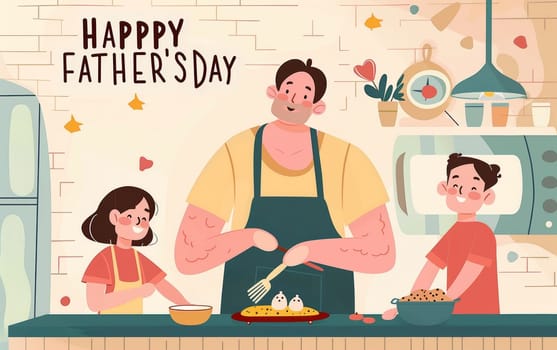 A whimsical illustration depicting a father and children enjoying a fun baking session on Fathers Day