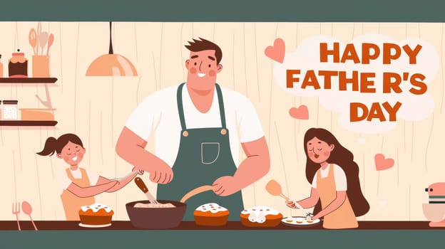 A charming illustration depicts a father and his kids enjoying baking together, sharing smiles and treats on Father's Day