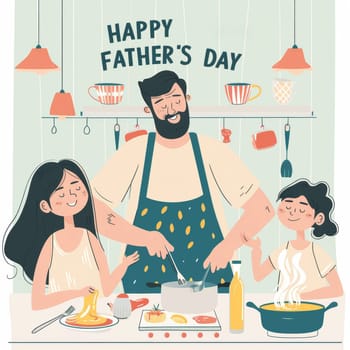 A cartoon illustration of a dad and his daughters cooking together on Fathers Day, with a playful and loving atmosphere in the kitchen
