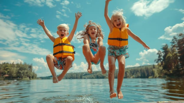 Three children are jumping into a body of water, wearing life jackets. The scene is lively and fun, with the children enjoying their time together