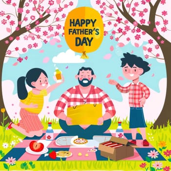 Artistic illustration captures a familys vibrant picnic celebration with food and fun on Fathers Day