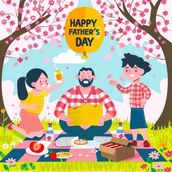 Artistic illustration captures a familys vibrant picnic celebration with food and fun on Fathers Day