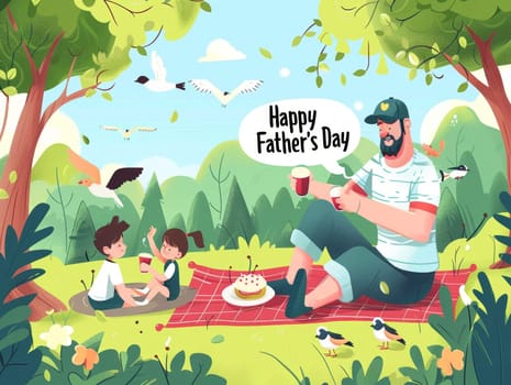 Illustration of a father enjoying a cup of coffee with his children in a vibrant forest clearing on Fathers Day