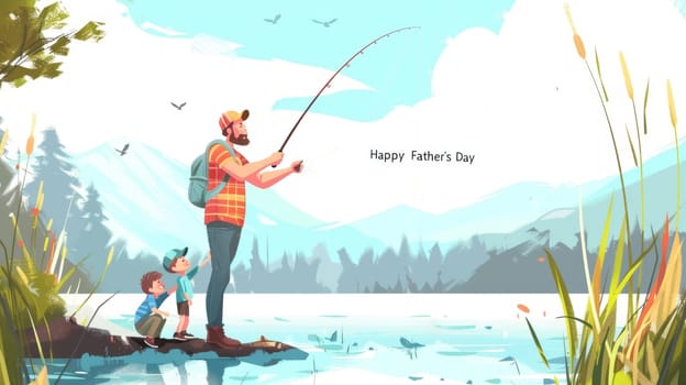 A peaceful illustration showcasing a father and his kids enjoying a fishing trip against a backdrop of a tranquil lake and mountains