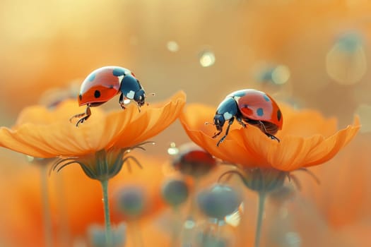 Two ladybugs are on a flower. The flower is orange and has a lot of petals