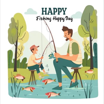 An animated image depicts a father and son enjoying a fishing excursion among red fish in a lush outdoor setting, perfect for Fathers Day