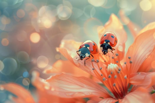 Two ladybugs are on a flower. The flower is orange and has a lot of petals