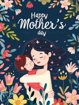 Tender illustration of a mother hugging her child surrounded by vibrant spring flowers under a starry night for Mothers Day