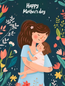 An illustration of a cozy moment with a mother cuddling her child among a flourish of colorful flowers on Mothers Day
