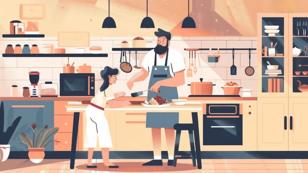 An illustrated father and daughter enjoy preparing a meal together in a well-equipped kitchen, celebrating Fathers Day with smiles