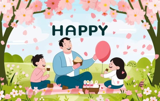 In a vibrant spring setting, a father enjoys a picnic with his children, complete with cupcakes and a joyful atmosphere for Fathers Day