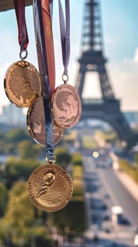 A realistic photo of medals hanging with the Eiffel Tower in the soft-focused background, highlighting the beauty of Paris and the prestige of the Games