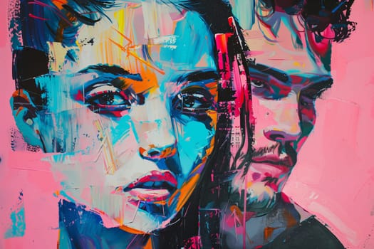 Abstract creative painting of beautiful young couple, woman and man on a pink background, modern art