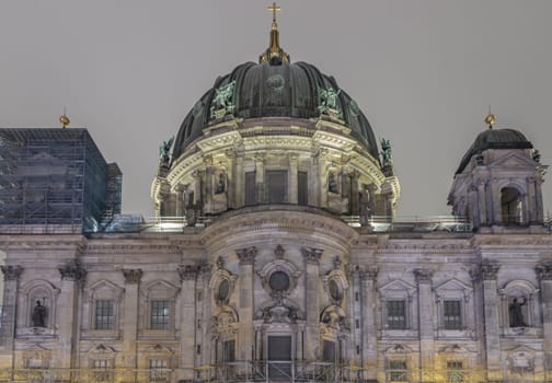 Berlin, Germany - Dec 19, 2023 - Architecture exterior of The berlin cathedral building at dusk. Berlin Cathedral Berliner Dom in Berlin, Space for text, Selective focus.