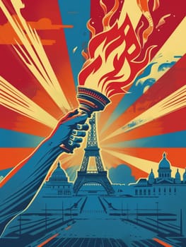 A vivid illustration depicts a strong hand holding an torch, with the Eiffel Tower set against a dramatic backdrop of sun rays and Parisian architecture