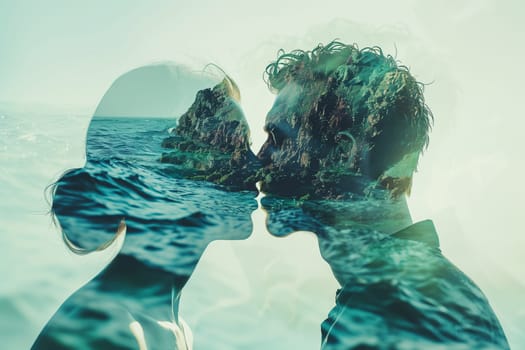 Double exposure portrait profile of kissing couple, woman and man, relationship concept. Sea coast with waves