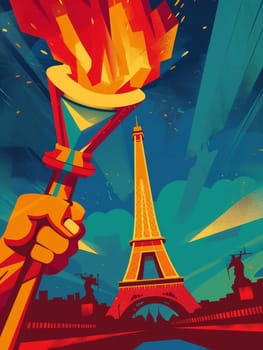 A graphic illustration captures the torch being held aloft in front of the Eiffel Tower, evoking a sense of triumph and celebration at dusk