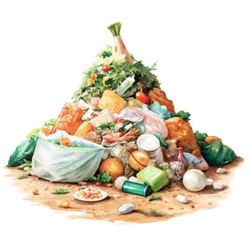 Garbage heap landfill, concept environmental problem, save nature, recycling waste and garbage, on a white background, generated by AI illustration.