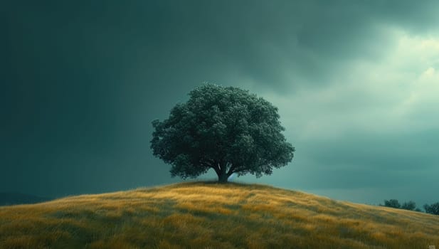 Lonely tree on a hillside in a dark cloudy day