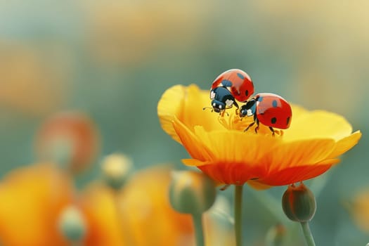 Two ladybugs are on a yellow flower. The flower is surrounded by other flowers. The image has a peaceful and calm mood