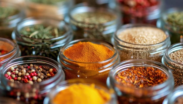 Spices and herbs in glass jars. Food and cuisine ingredients.