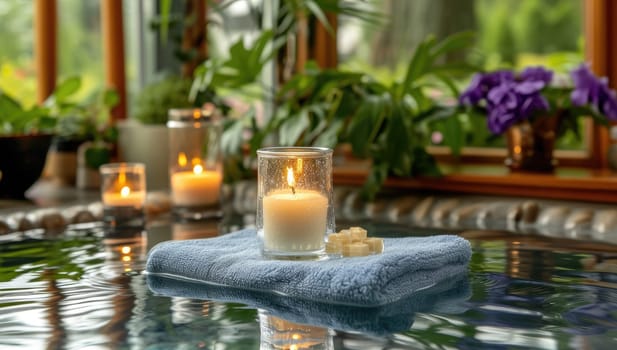 Burning candles in glass with towel on table in spa salon,