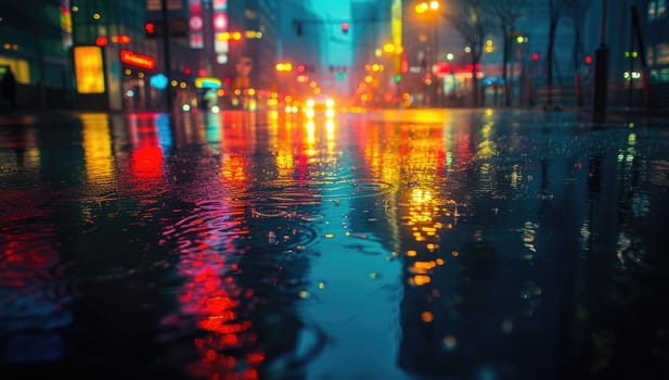 Rainy day in the city. Blurred background of a city street at night.