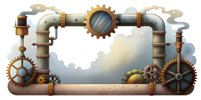 Horizontal steampunk frame with rusty pipes and gears, illustration in grainy style, on white background. AI generated illustration.