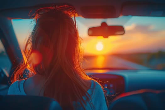 A woman with long hair is driving a car and looking out the window at the sun. The sun is setting, creating a warm and peaceful atmosphere